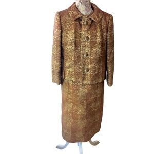 Vintage BRANELL Gold Metallic Brocade Dress Suit Set Cocktail Party Sz 10/12